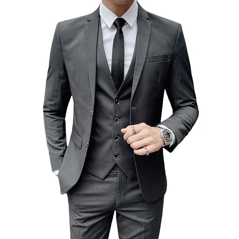 Costume homme (Blazer + gilet + pantalon) 2025 Gentleman d'affaires à la mode et ajusté travail décontracté couleur