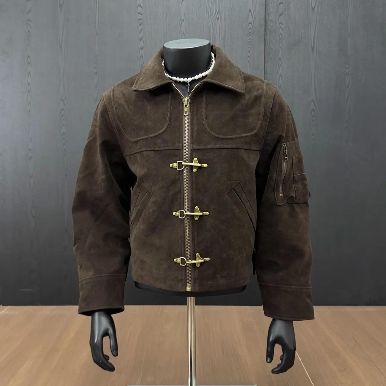 Vintage en détresse manteau en daim hommes déconstruit avion boucle veste unisexe printemps automne marron lambrissé Streetwear vêtements d'extérieur