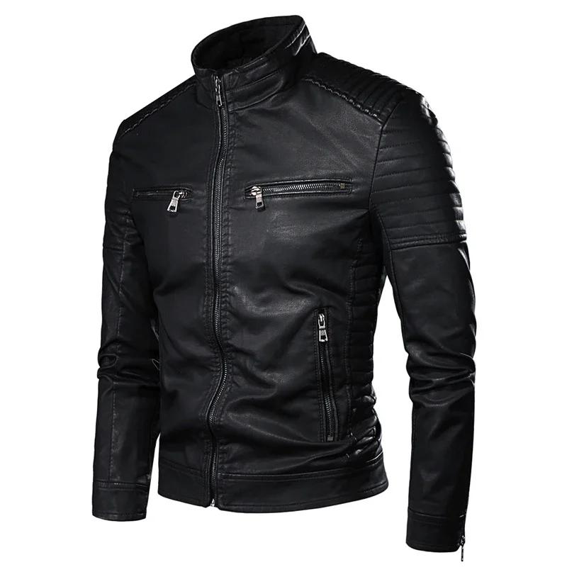 Veste en cuir pour hommes à la mode coupe ajustée col montant