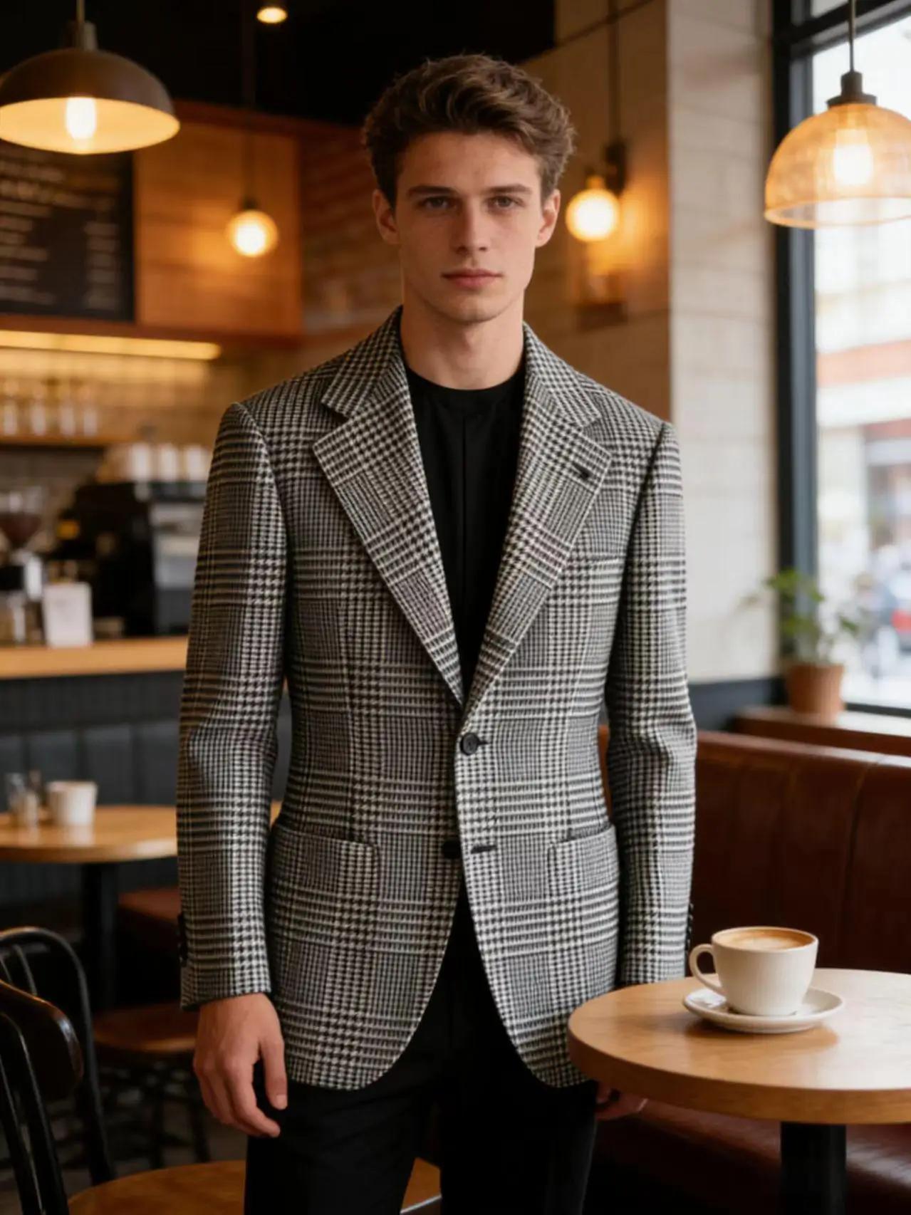 Blazer Homme Slim Fit en Mélange de Laine à Carreaux Pied-de-Poule
