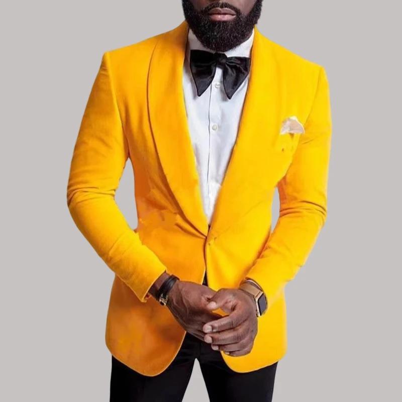 Velours jaune hommes costume veste une pièce bal Blazer pour mariage garçons d'honneur châle revers personnalisé mâle mode manteau dernier Style 2022