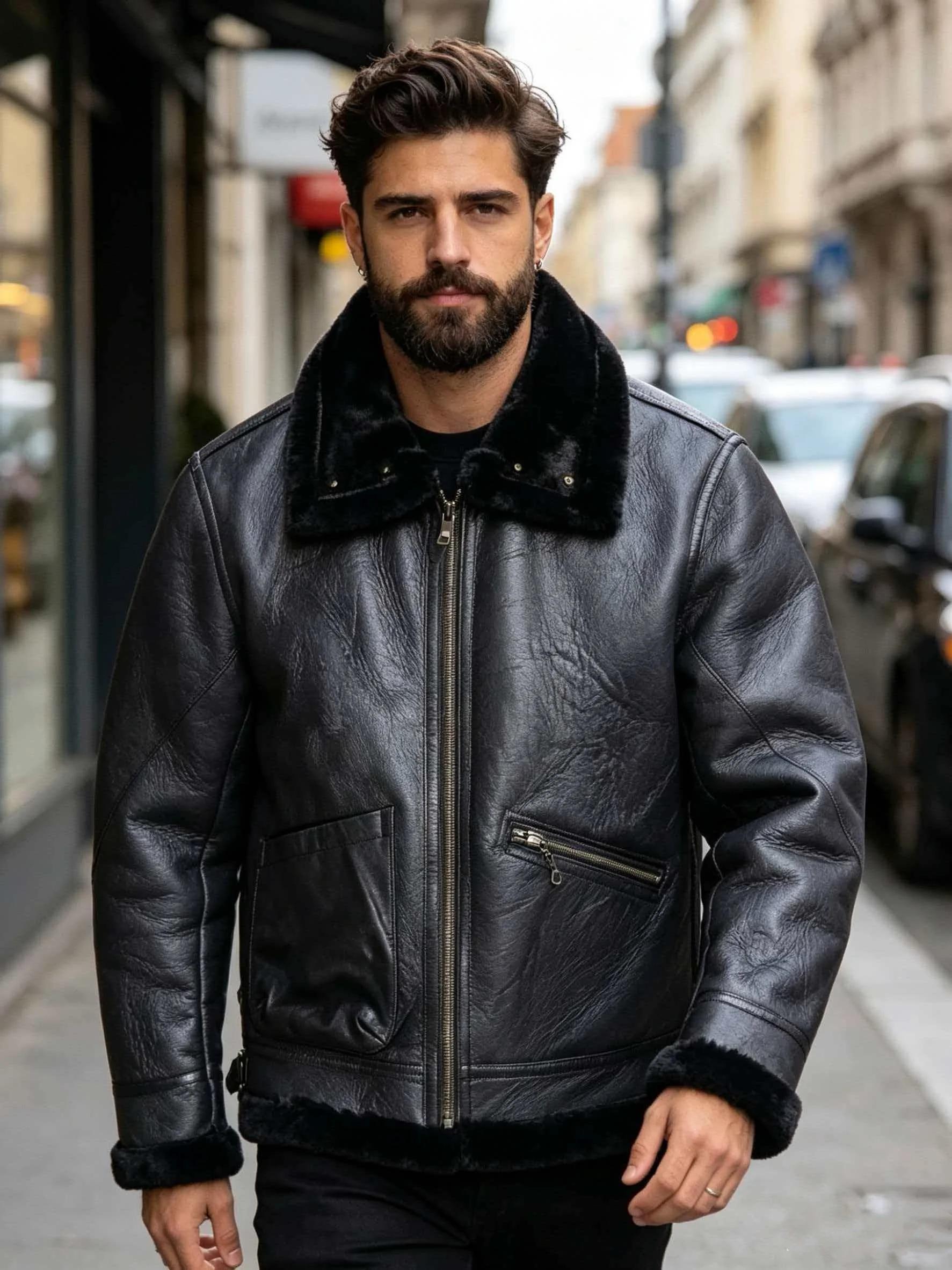 Veste en peau de mouton noire pour homme
