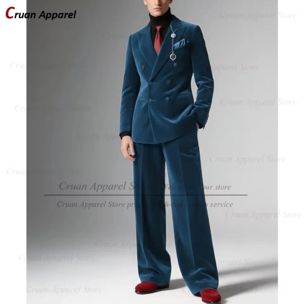 Mode hommes bordeaux velours costume ensembles Banquet de mariage personnalisé Groomsman élégant coupe ajustée Double boutonnage Blazer pantalon 2 pièces