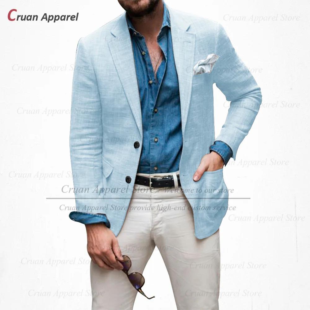 (un blazer) Blazers en lin bleu ciel hommes coupe ajustée été plage veste formelle décontractée