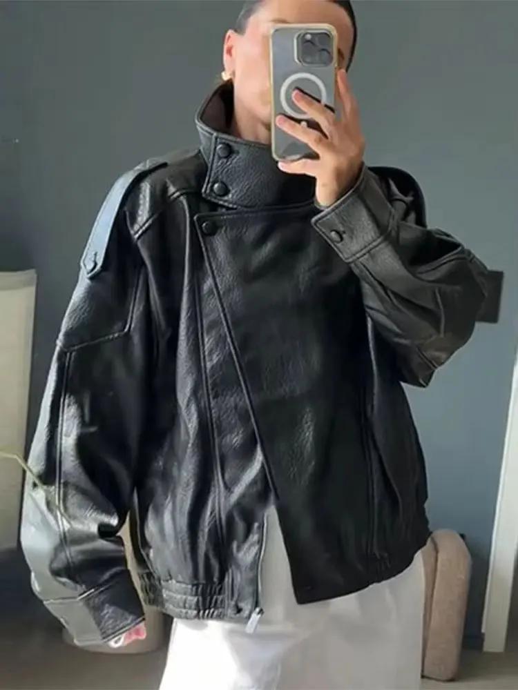 HH automne veste en simili cuir pour femmes décontracté solide fermeture éclair manches longues