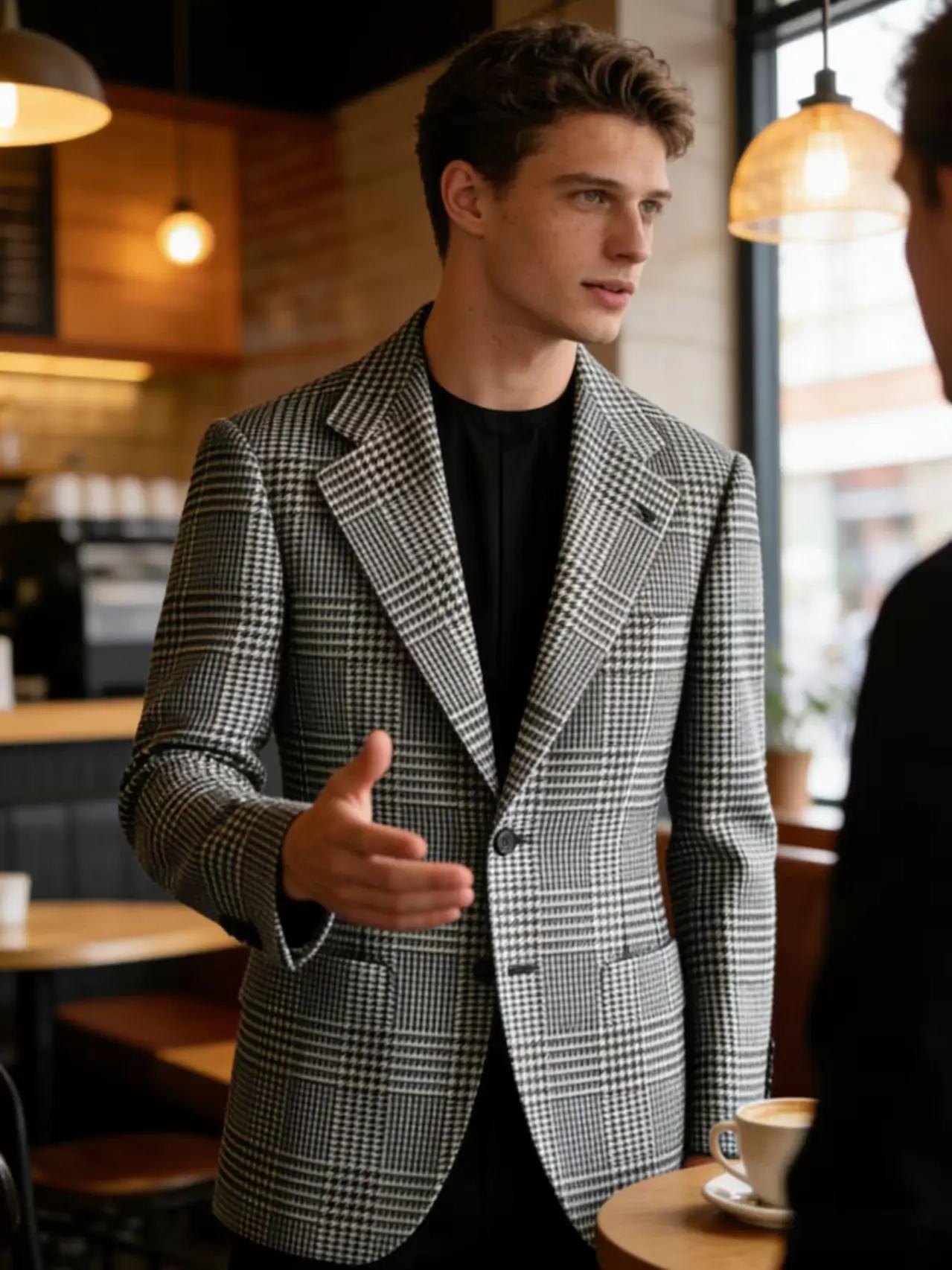 Blazer Homme Slim Fit en Mélange de Laine à Carreaux Pied-de-Poule