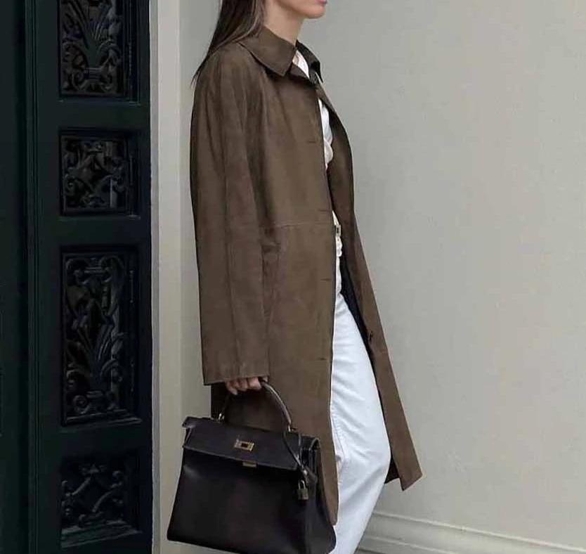 2025 Veste de travail décontractée polyvalente rétro marron à manches longues en similicuir dans un style vintage