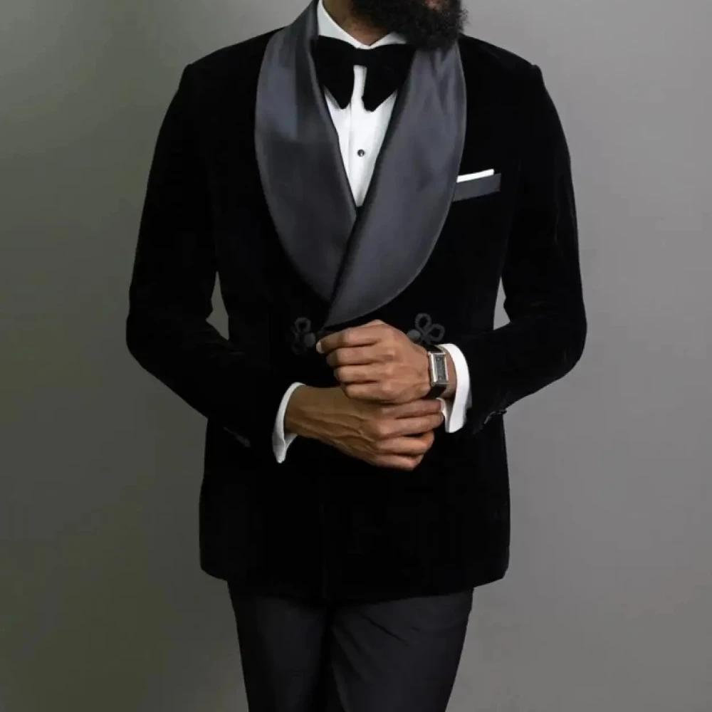 Veste de fumée en velours noir style preppy pour hommes, blazer élégant pour mariages et événements de fête