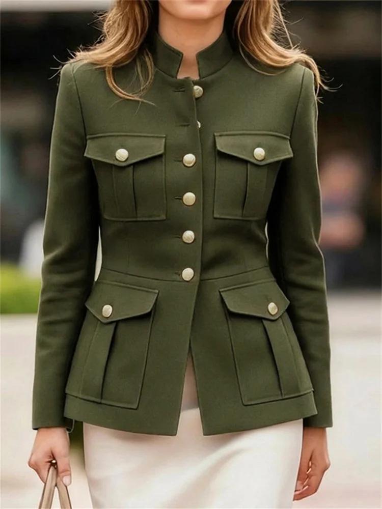 UOOZEE vestes de Style militaire pour femmes vert armée col montant bouton doré coupe ajustée multi-poches décontracté bureau Blazer vêtements d'extérieur