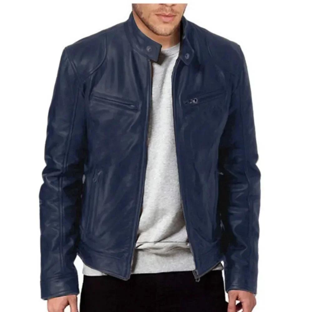 2025 veste de moto en cuir hommes col montant décontracté mince manteau court