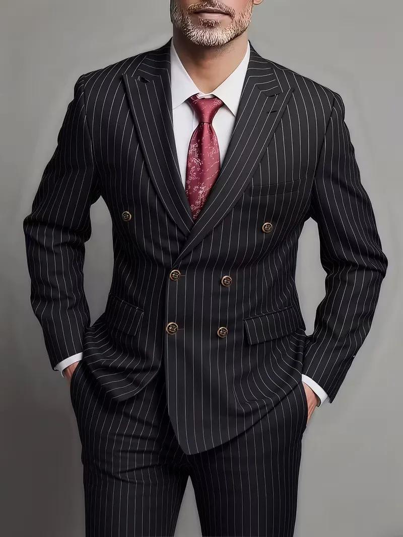 Costume Homme Deux Pièces Croisé Tendance et Ajusté pour Mariage ou Tenue Décontractée en Tissu Rayé