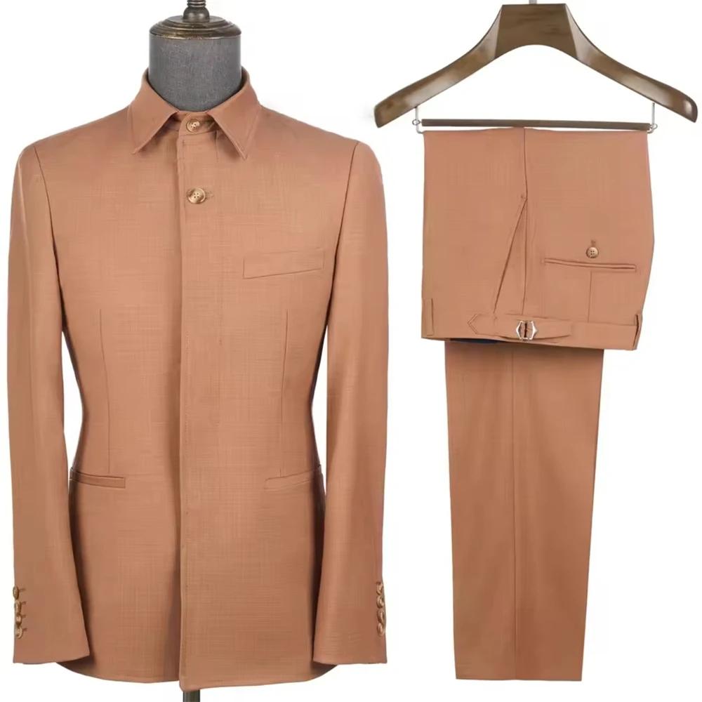 Costumes Safari Sur Mesure pour Hommes Veste à Col Carré Casual Pantalon Costume Formel Affaires Officiel Vêtement
