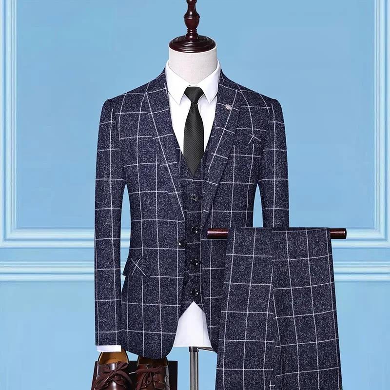 Costume (Blazer + gilet + pantalon) mode affaires décontracté Gentleman hommes Style italien élégant Plaid mince formel