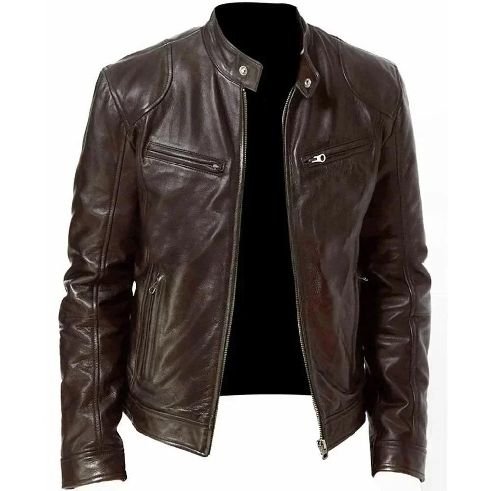 2025 veste de moto en cuir hommes col montant décontracté mince manteau court