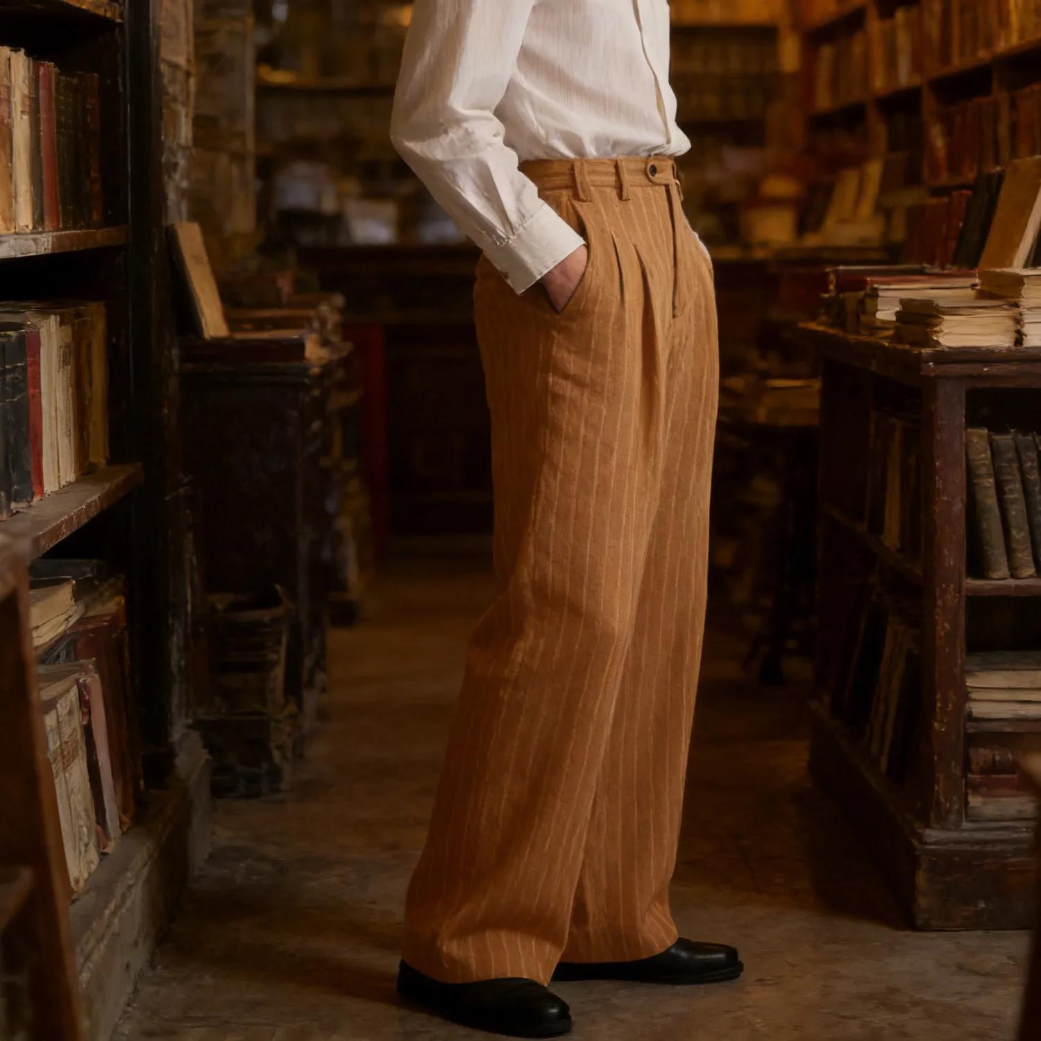 Pantalon de Costume Rayé pour Homme en Laine Luxe Coupe Classique Décontracté Affaires Quotidien Voyage Anti-Plis Élégant Épais Long
