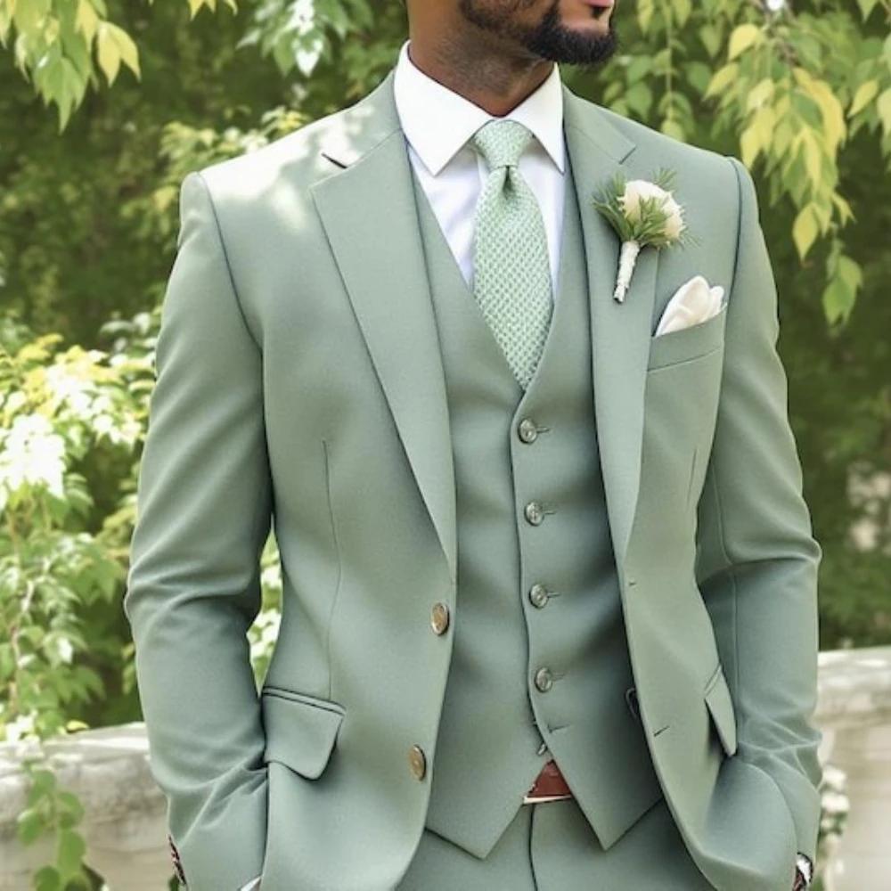 Costume de mariage sur mesure trois pièces vert sauge pour homme