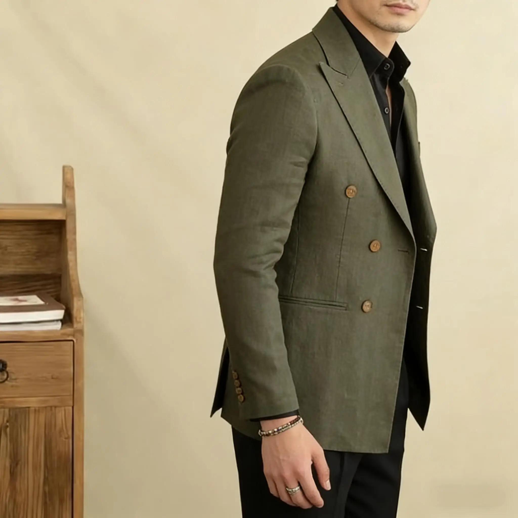 Blazer en lin vintage pour homme, croisé, à revers pointus, coupe ajustée, respirant, doux, infroissable, style business décontracté