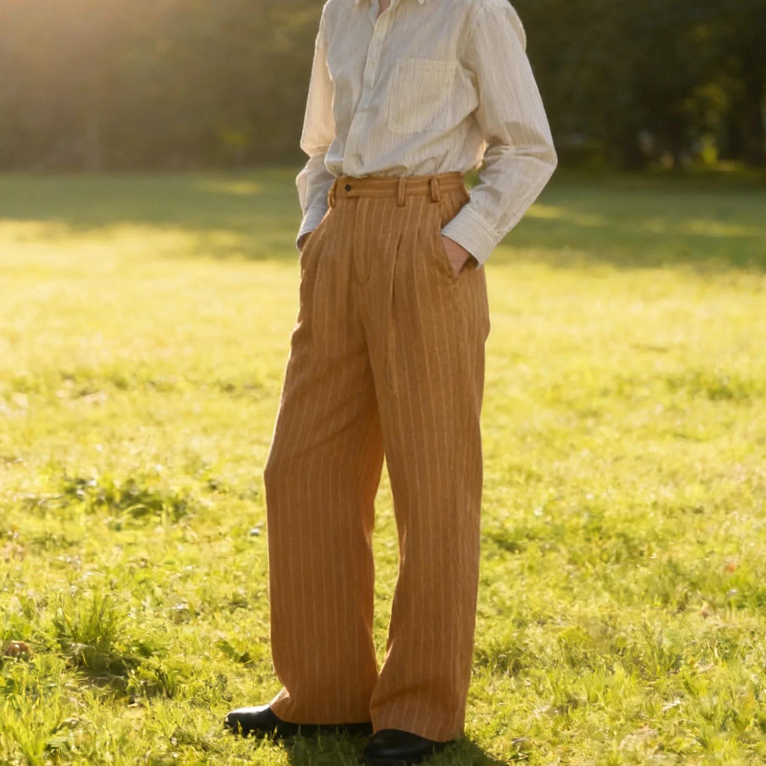 Pantalon de Costume Rayé pour Homme en Laine Luxe Coupe Classique Décontracté Affaires Quotidien Voyage Anti-Plis Élégant Épais Long