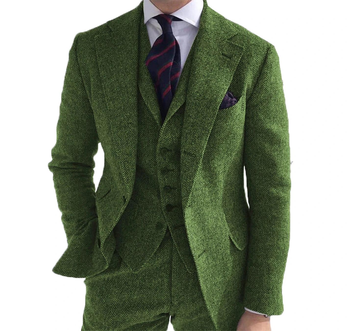 Costume 3 Pièces en Laine Verte pour Homme
