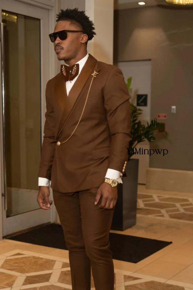 Costume Homme 2 Pièces Marron avec Revers Châle