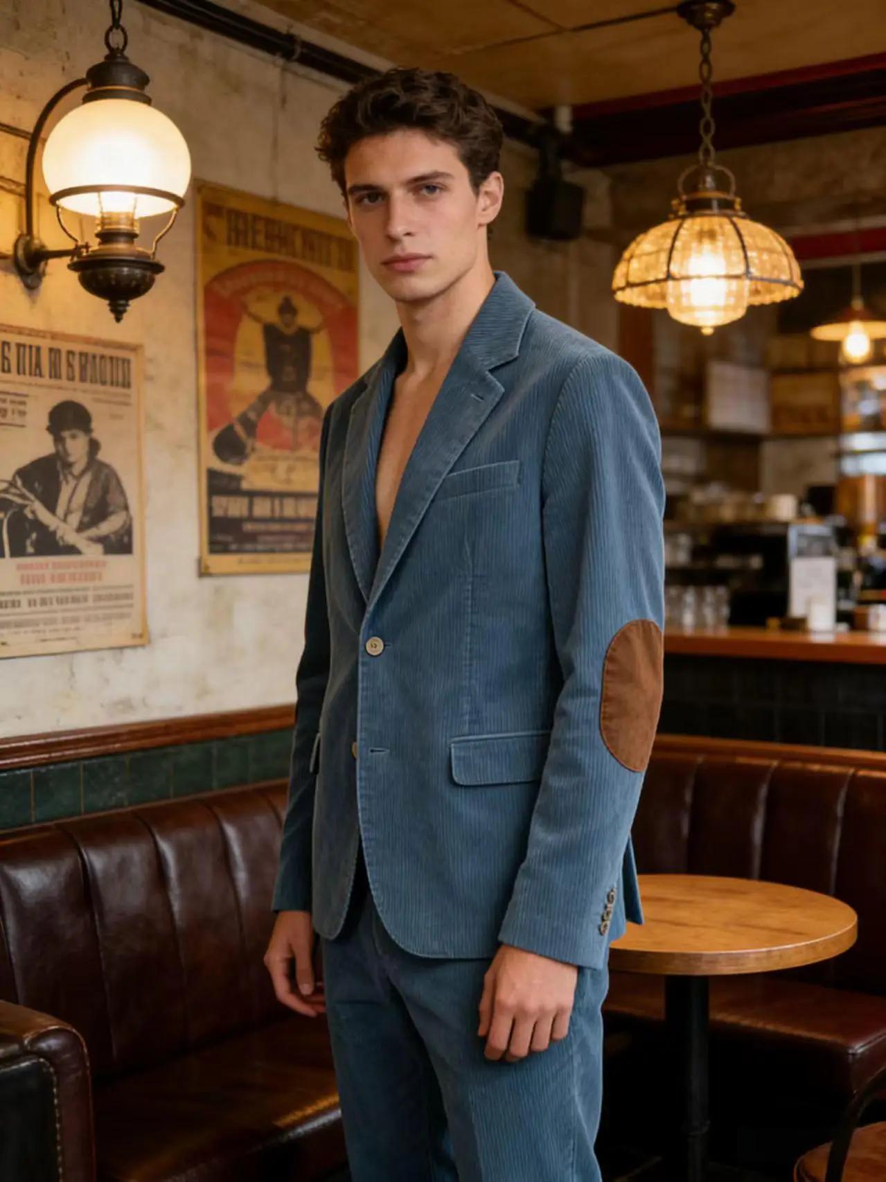 Blazer en velours côtelé vintage pour homme avec empiècements aux coudes