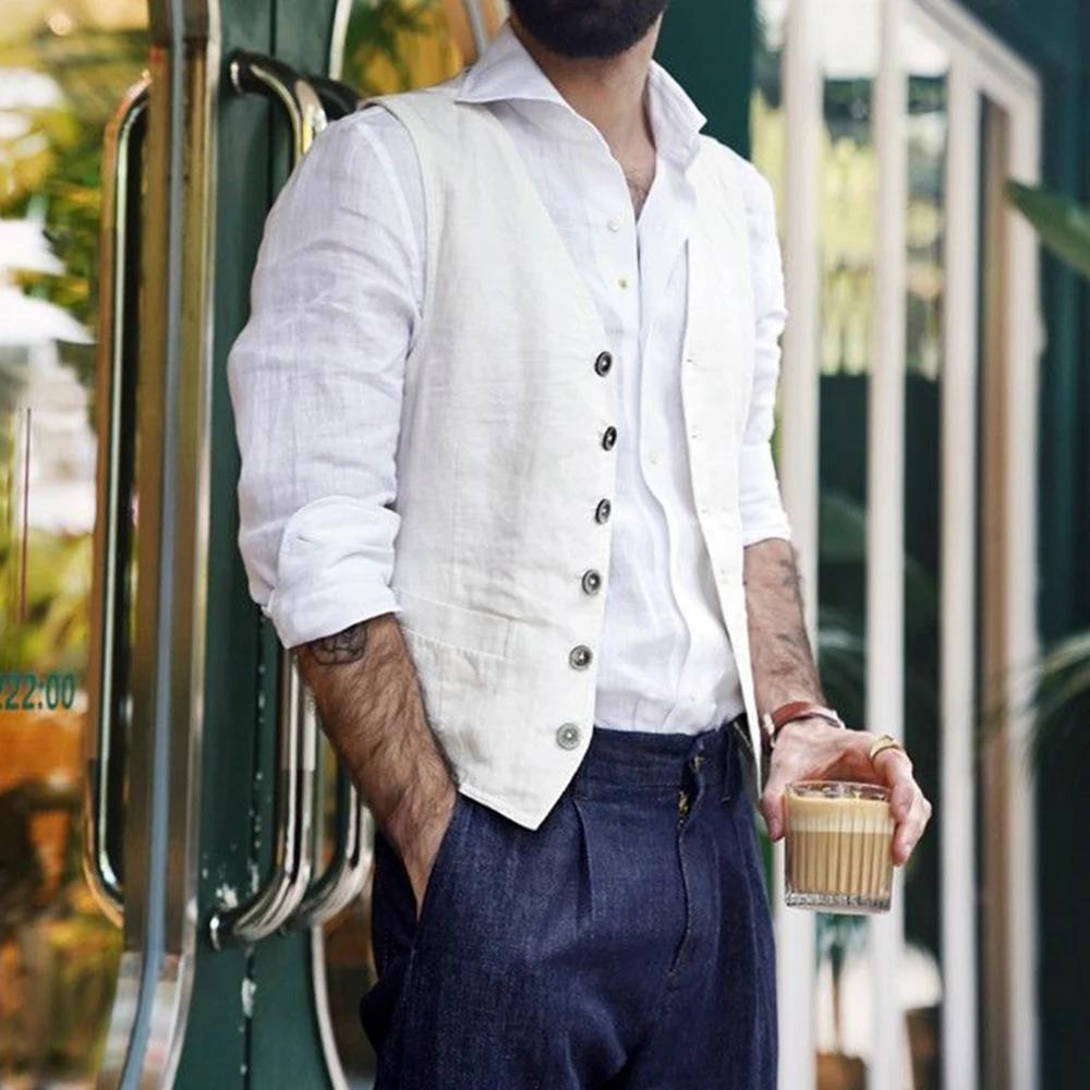 Gilets en lin de coton bleu marine pour hommes