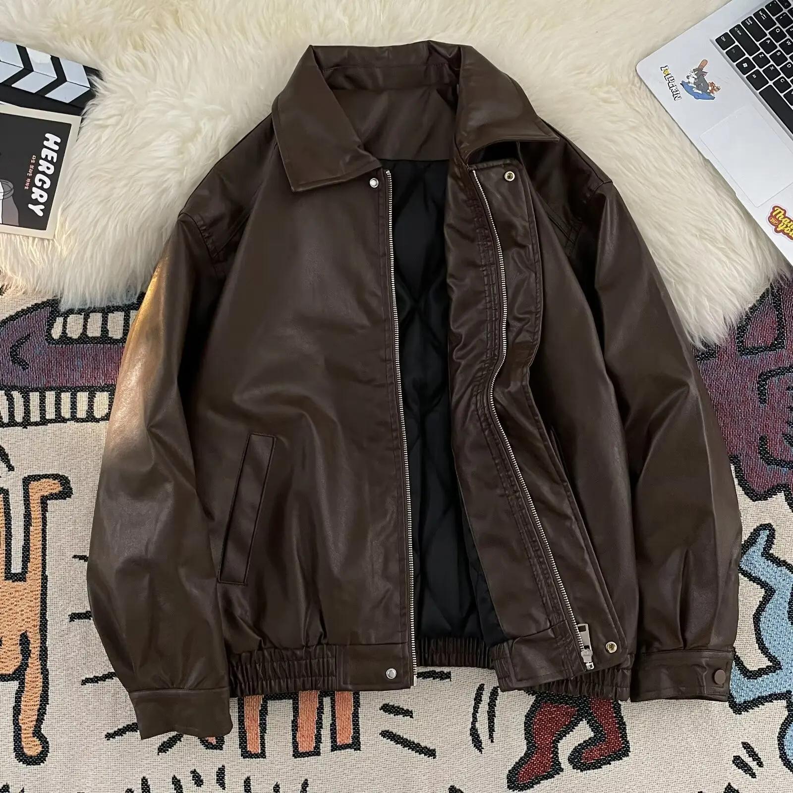 Veste en cuir PU marron pour homme