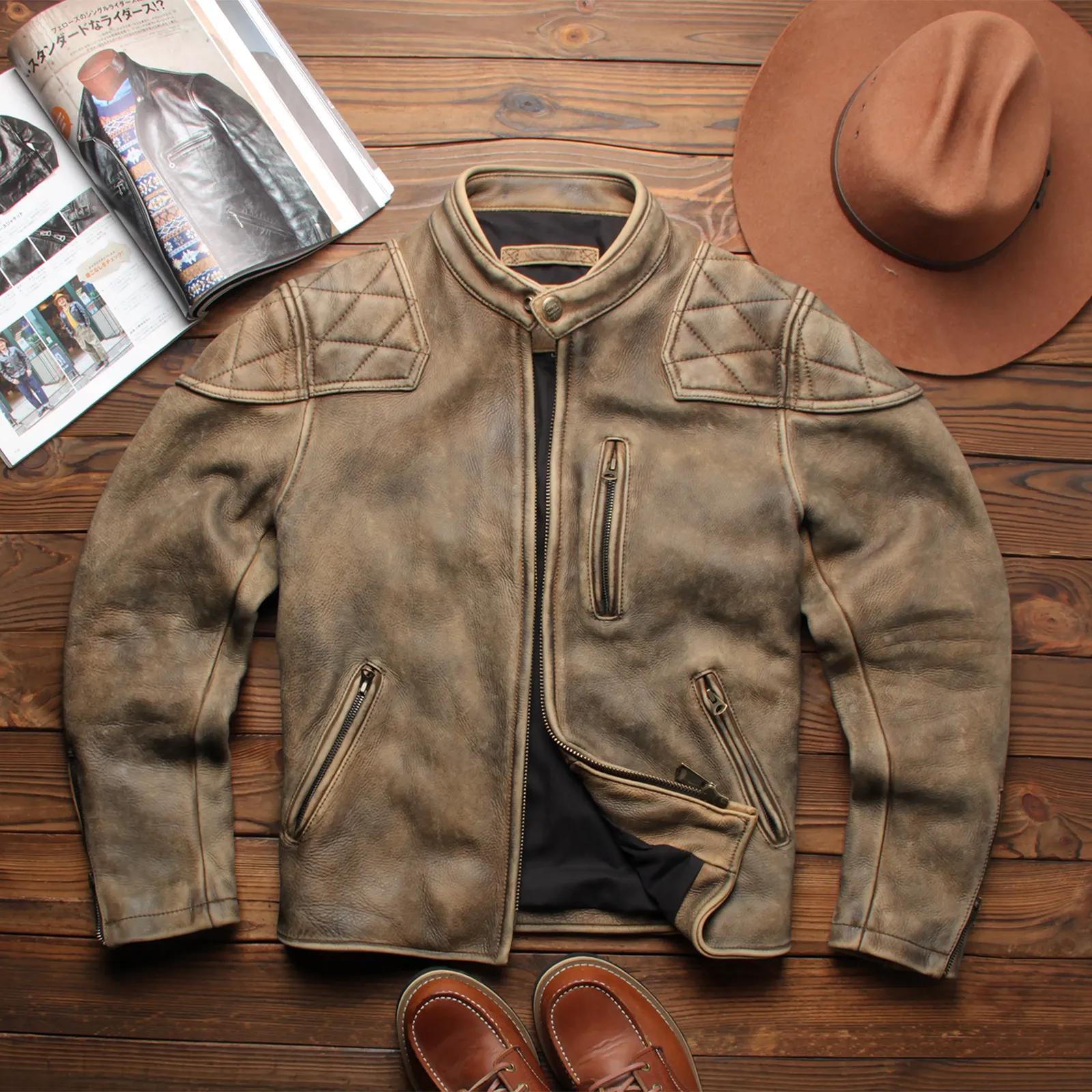 Veste en cuir d'hiver kaki pour homme