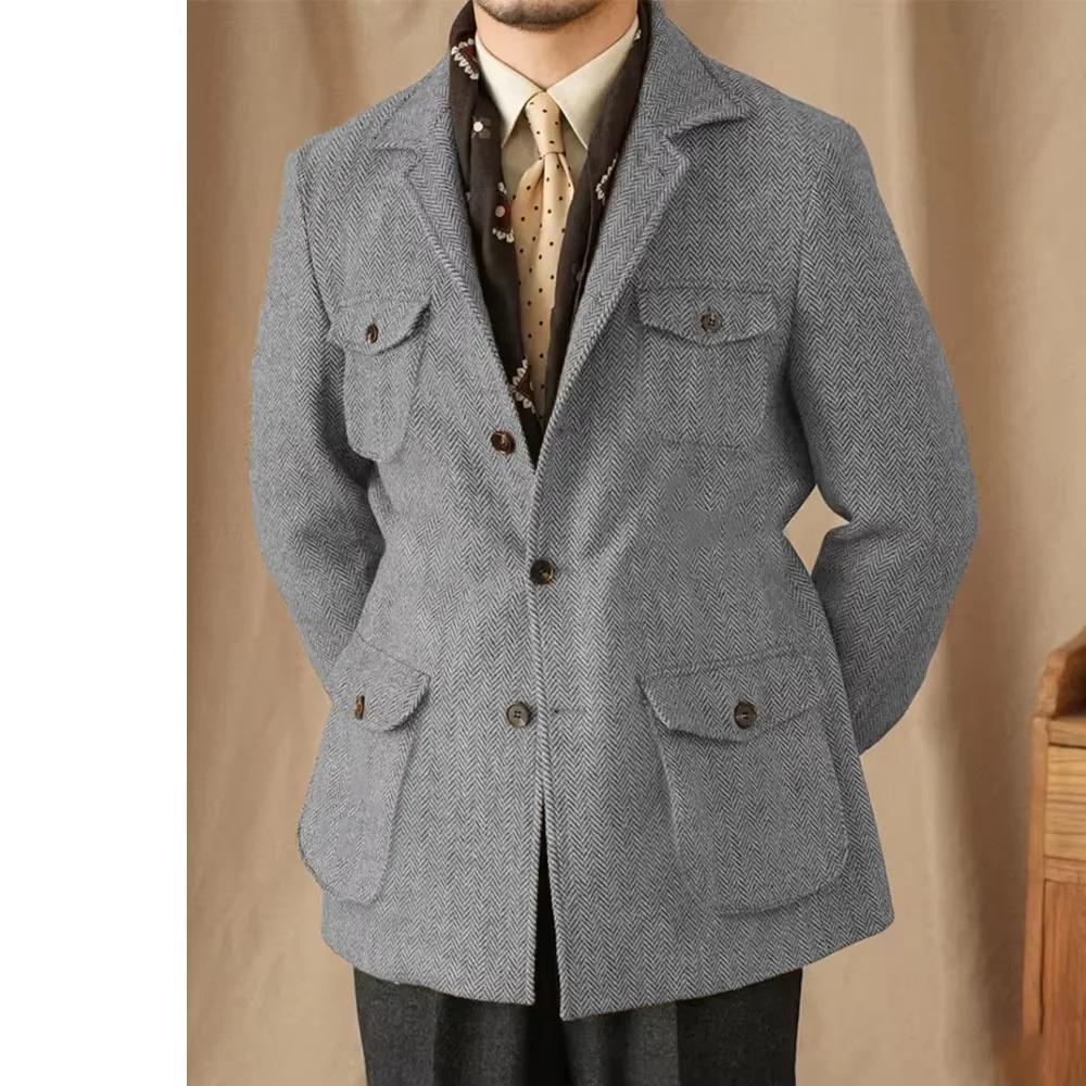 Costumes pour hommes Vintage Blazer en Tweed à chevrons mélange de laine britannique Double boutonnage léger manteau de Sport décontracté veste formelle