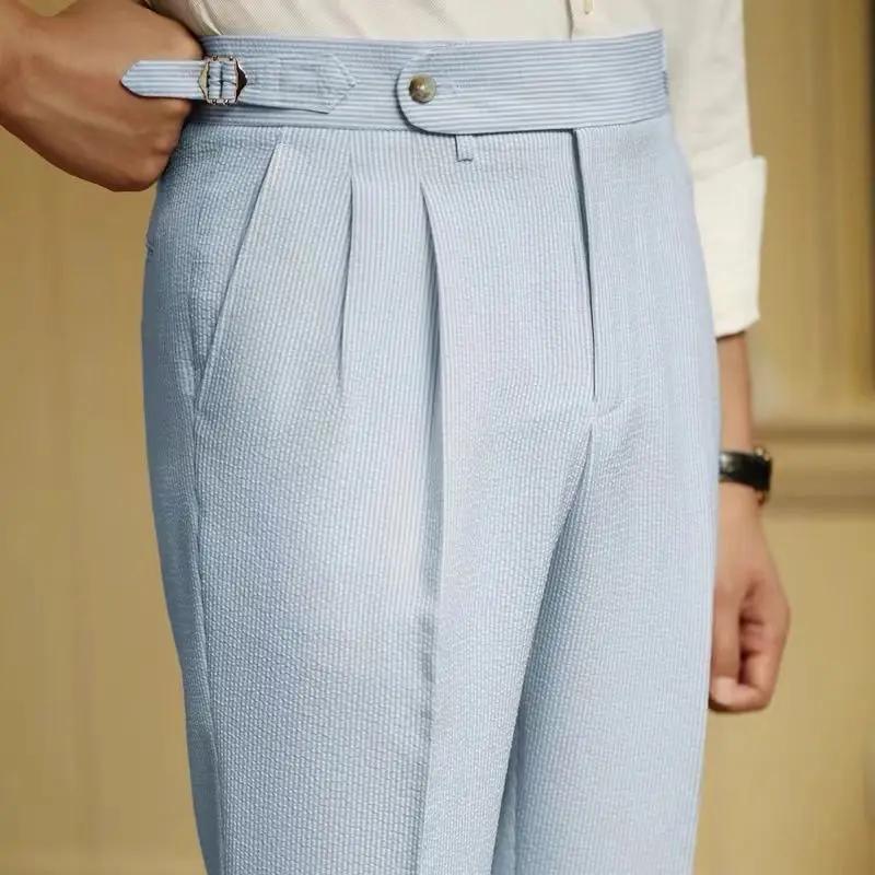 Style italien Naples costume pantalon hommes rayures bleues Seersucker taille haute Paris boucle