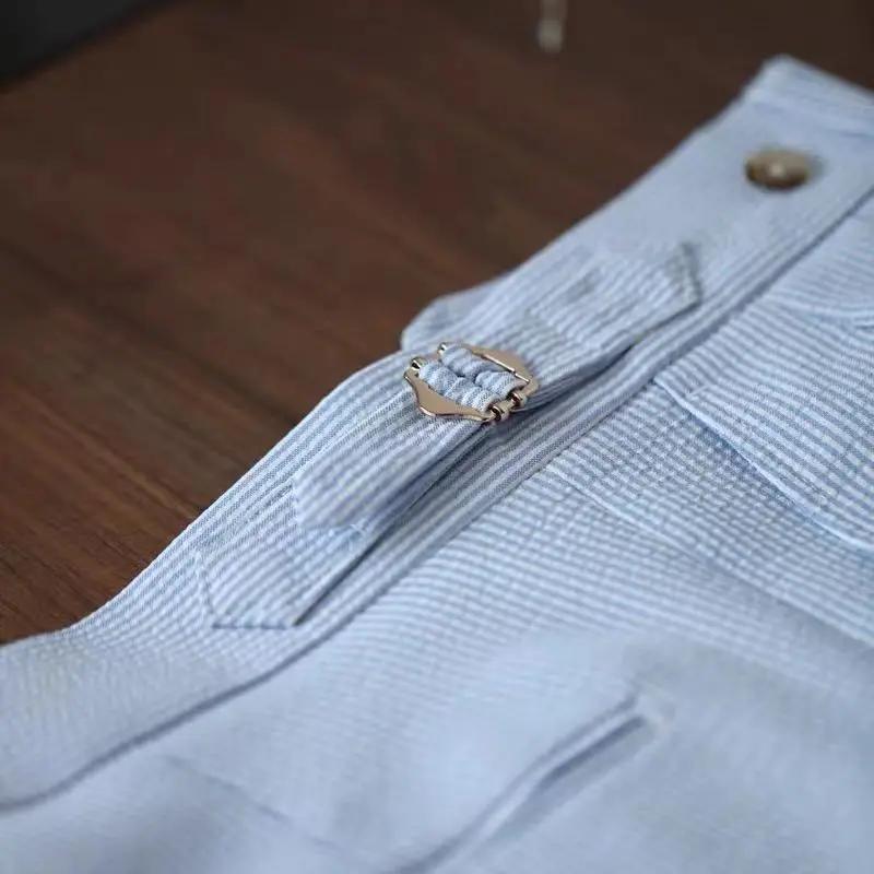 Style italien Naples costume pantalon hommes rayures bleues Seersucker taille haute Paris boucle