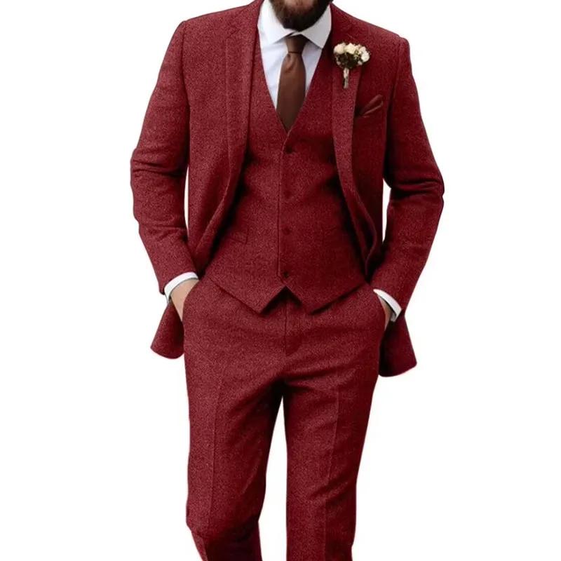 Costumes pour hommes Tweed à chevrons coupe ajustée affaires Cauasl gilet veste garçons d'honneur