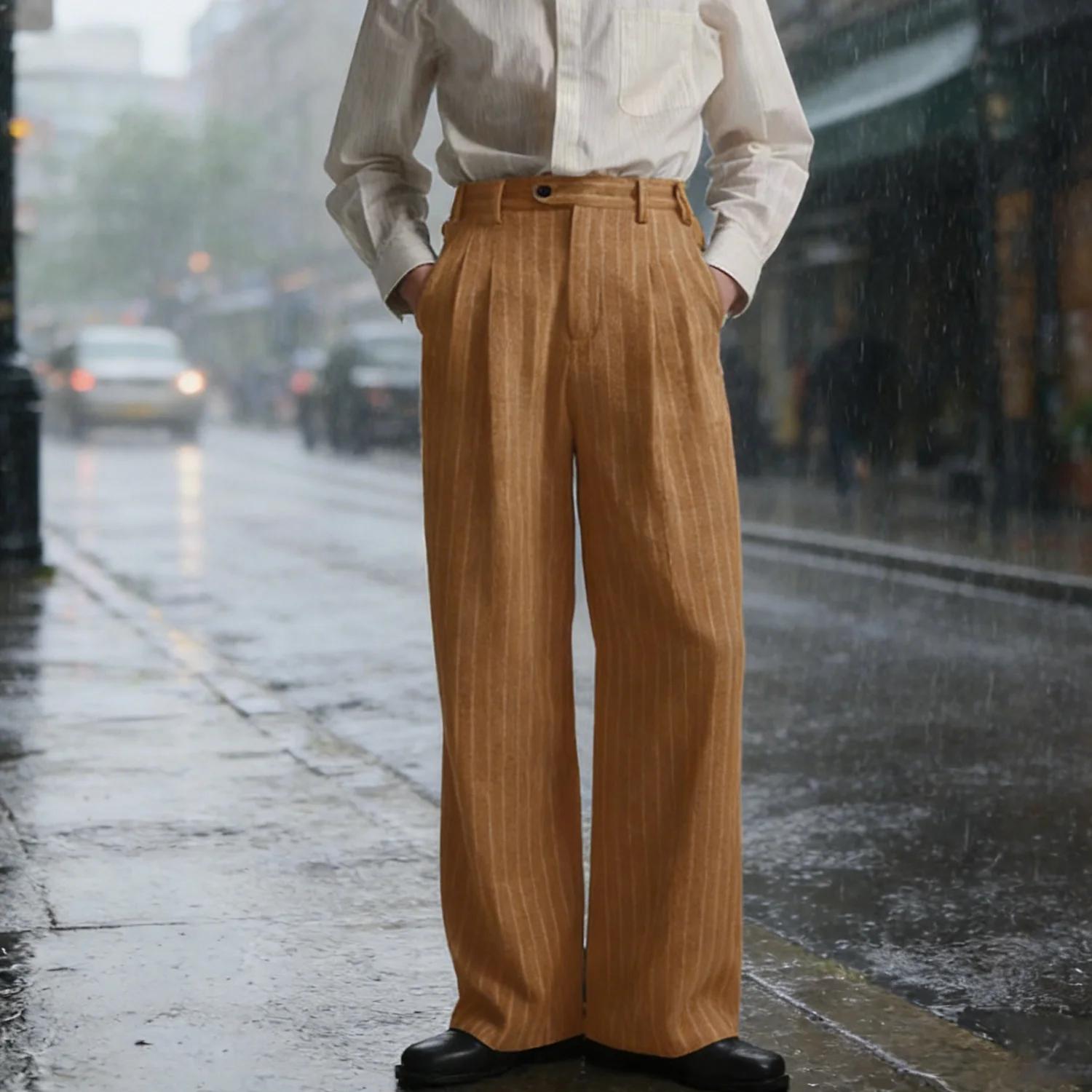Pantalon de Costume Rayé pour Homme en Laine Luxe Coupe Classique Décontracté Affaires Quotidien Voyage Anti-Plis Élégant Épais Long