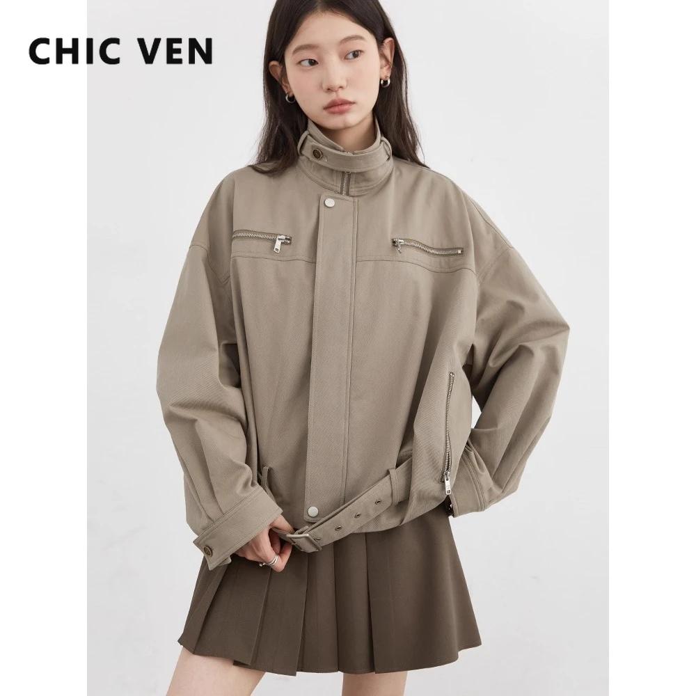 CHIC VEN mode femmes vestes Streetwear décontracté solide rétro col montant manteau court haut pour fille automne hiver 2025