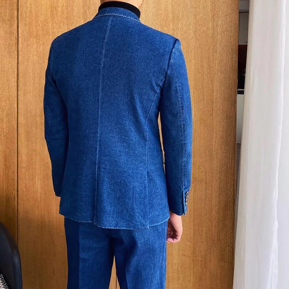 Denim Double boutonnage hommes costumes pic revers plat avant mâle vêtements de haute qualité décontracté 2 pièces veste pantalon ensembles formel Blazer
