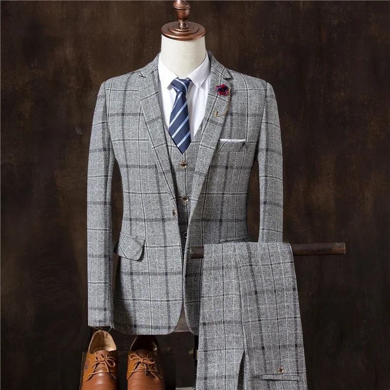 Vêtements de marié formels 3 pièces (Blazer + gilet + pantalon) costume pour hommes mode affaires Gentleman mariage décontracté Plaid coton lin veste