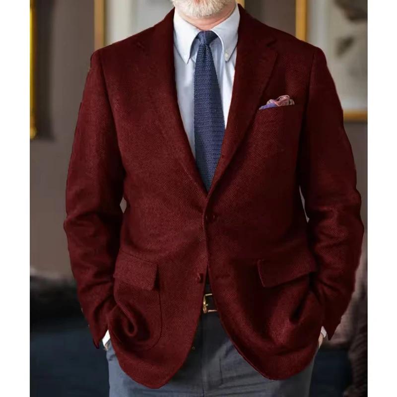 Blazer Homme en Tweed Chevrons Style Britannique à Revers Cranté et Deux Boutons – Veste Décontractée Vintage pour