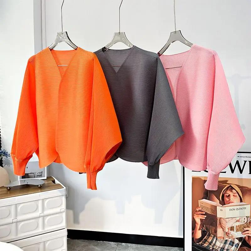 Veste Courte Nouveau Style Chemise Plissée Décontractée Polyvalente en Forme de Chauve-Souris Cardigan Haut