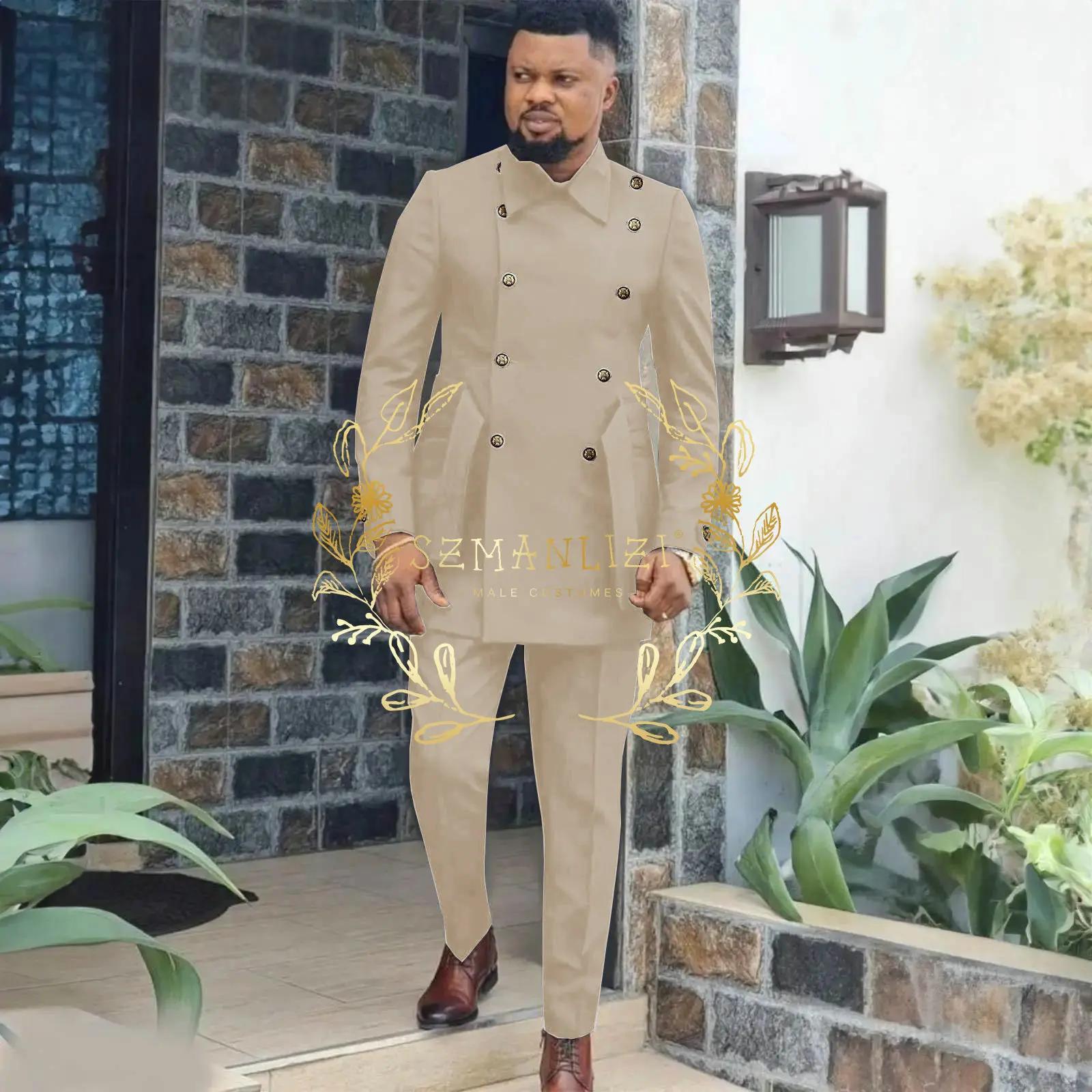 Costume pour hommes de Style affrican 2 pièces bleu Royal Double boutonnage Blazer de mariage pantalon ceinture
