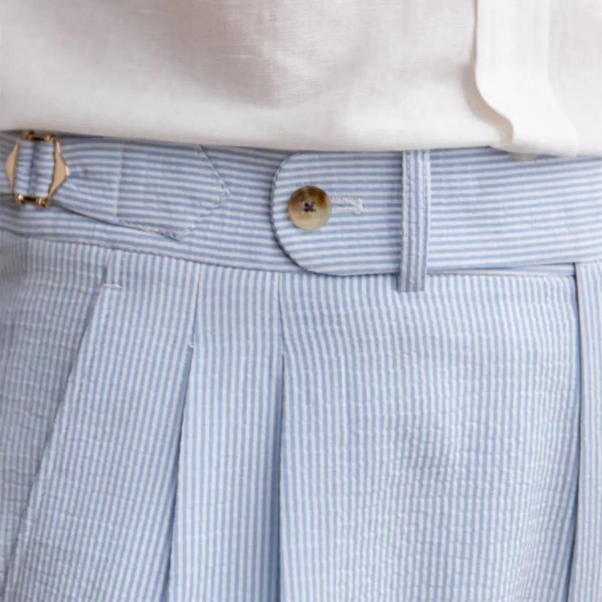 Style italien Naples costume Shorts hommes rayures bleues Seersucker taille haute Paris boucle mode angleterre affaires