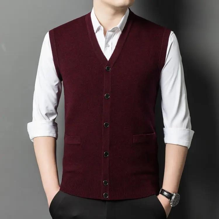 2025 hommes 100% laine mérinos super fine gilets sans manches Cardigans homme Pure