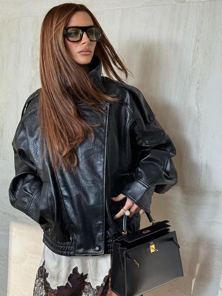 HH automne veste en simili cuir pour femmes décontracté solide fermeture éclair manches longues