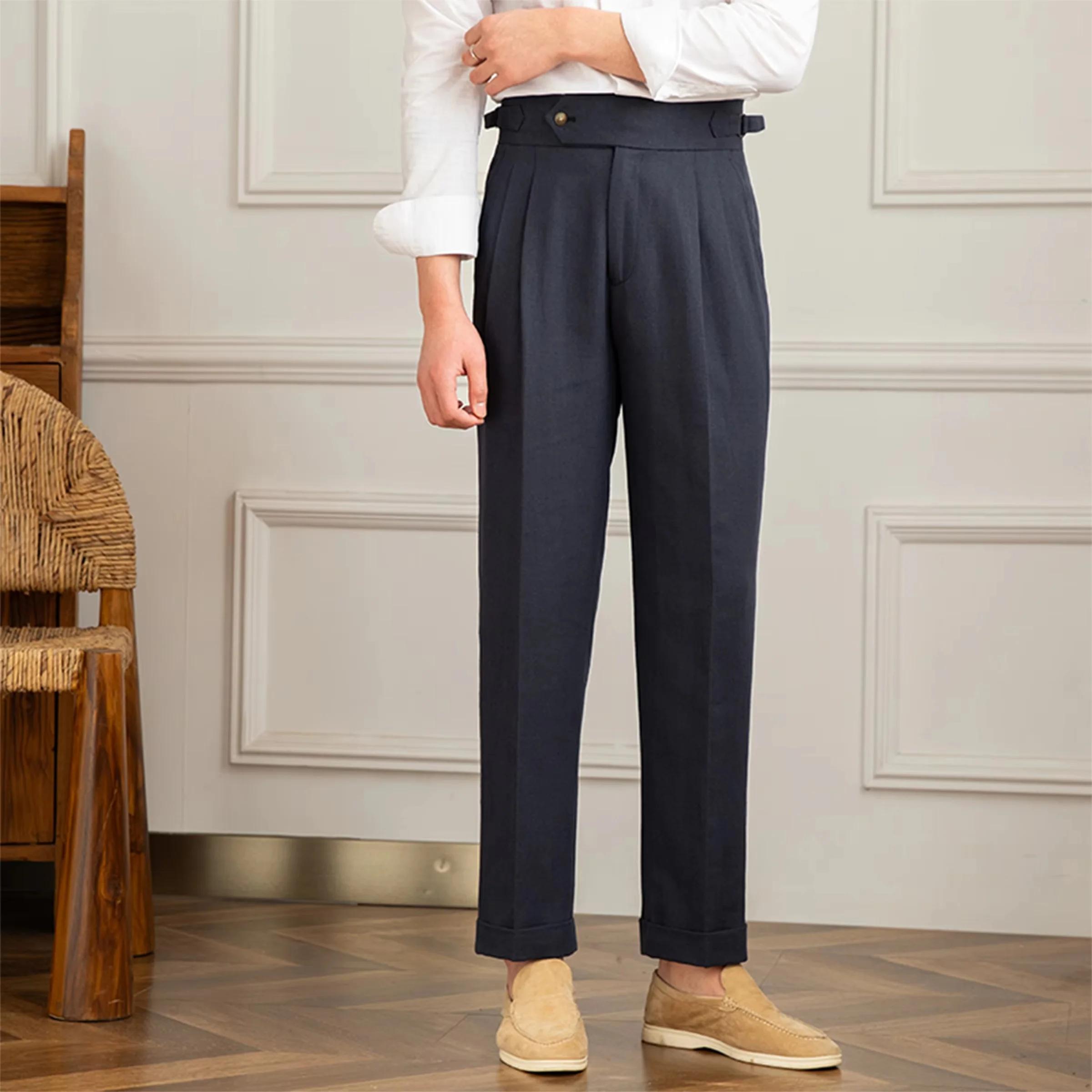 Gentleman été Naples pantalon droit décontracté hommes trajet coton et lin confortable respirant taille haute