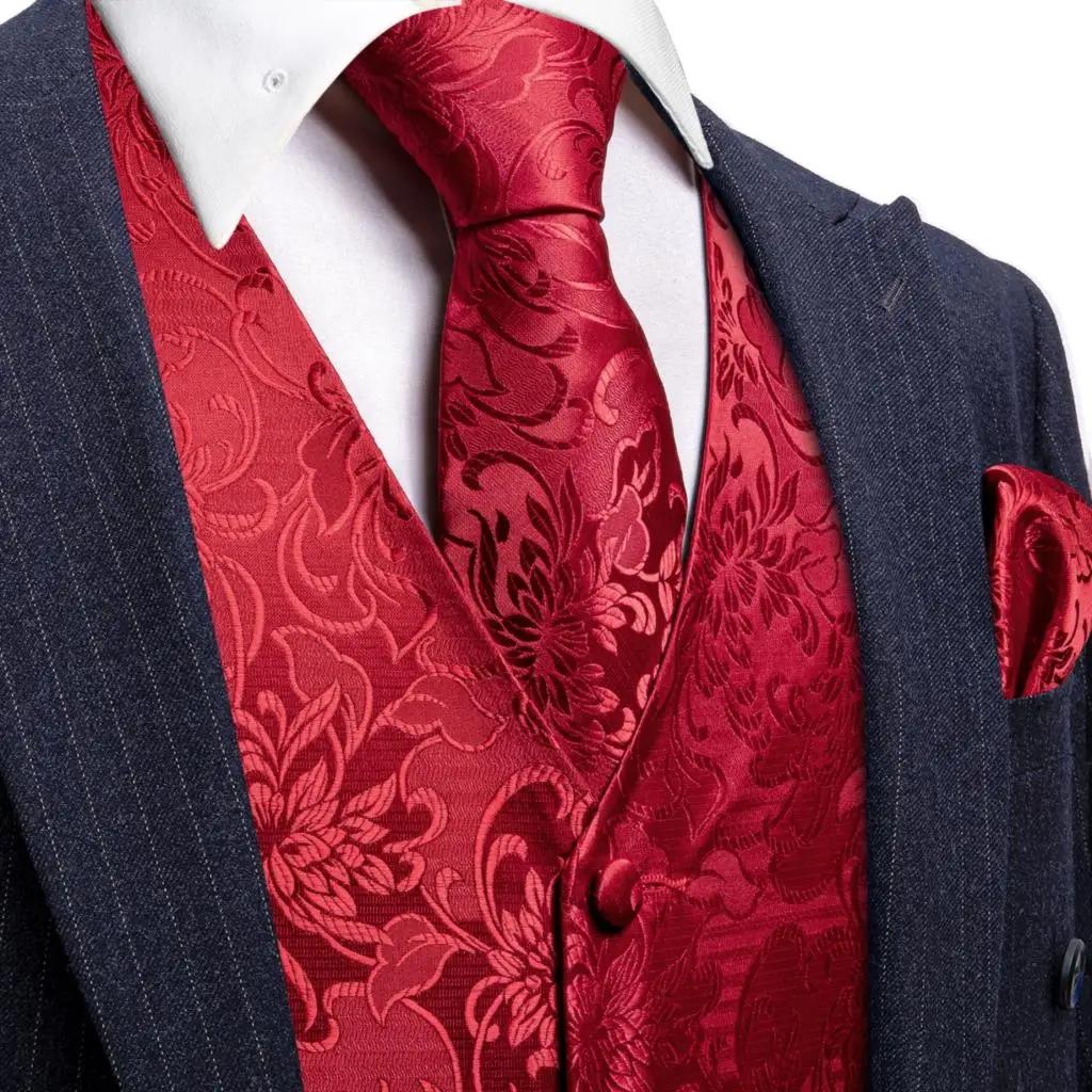 Gilet de Costume Élégant pour Homme Brodé Rouge Bourgogne Motif Paisley Fleur Ensemble