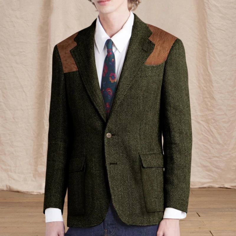 Blazer vintage pour homme en tweed à chevrons avec écusson en daim sur l'épaule
