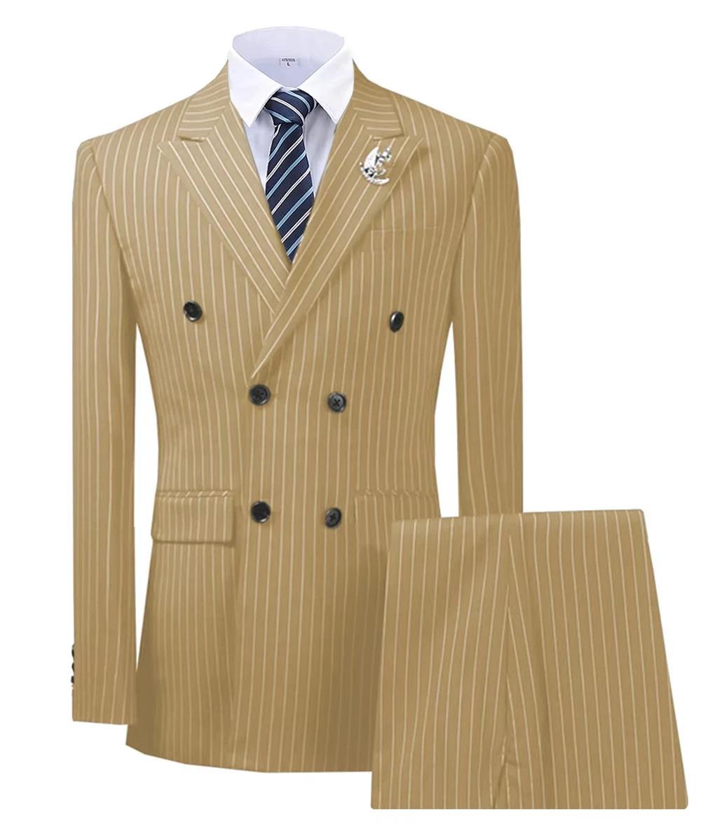 Costumes pour hommes à rayures vert Olive Double boutonnage pour mariage sur mesure homme Costume marié 2 pièces