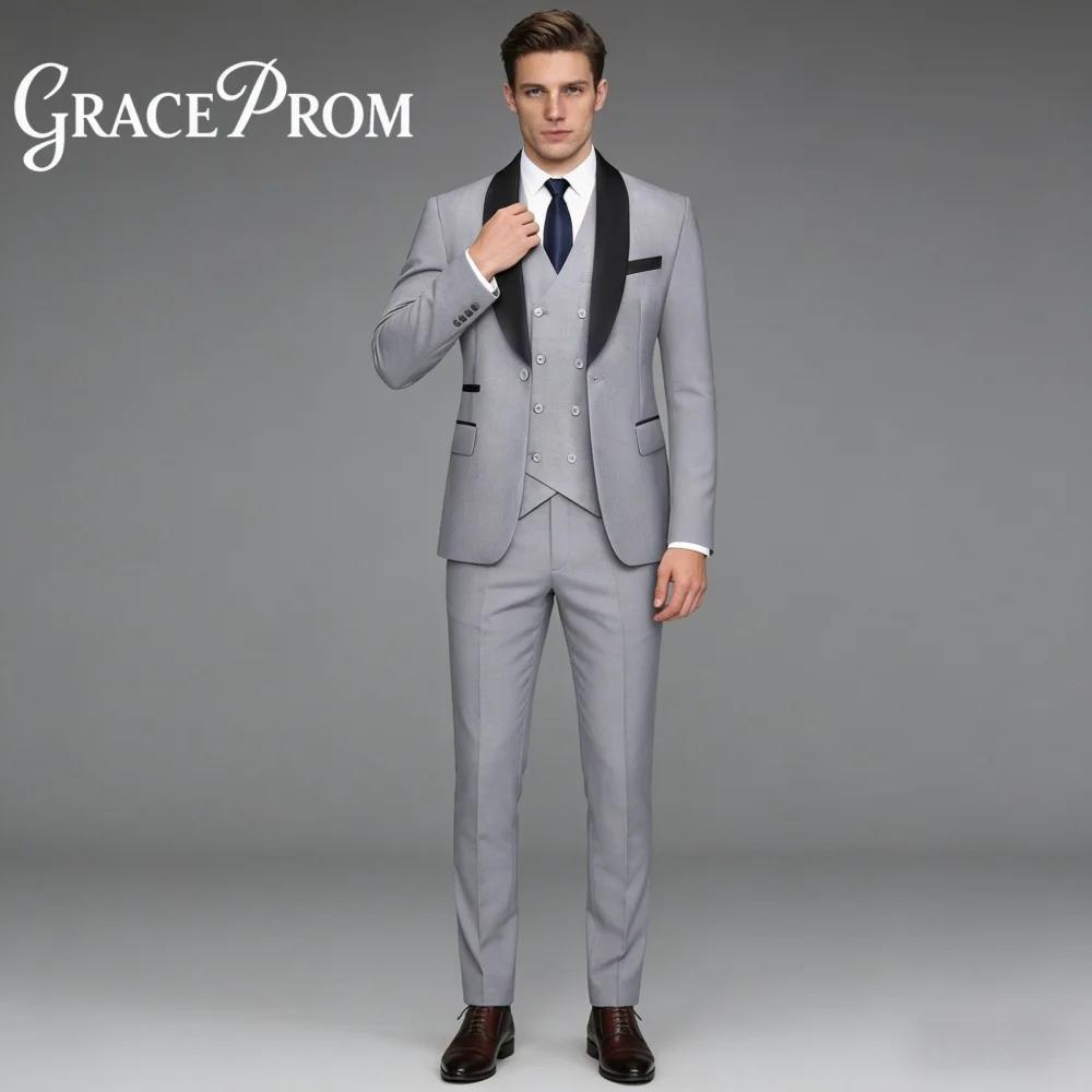 Costume de Mariage Homme Premium Gris Clair et Noir à Revers Châle