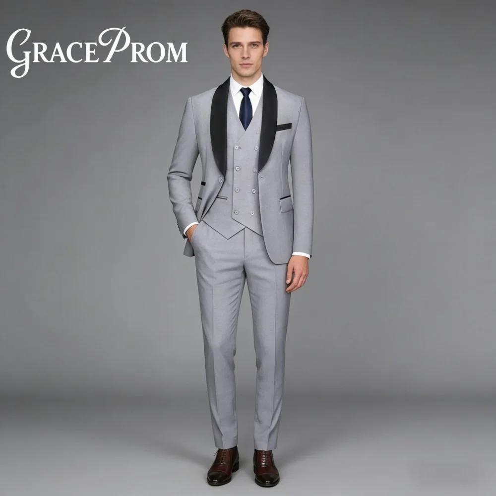 Costume de Mariage Homme Premium Gris Clair et Noir à Revers Châle