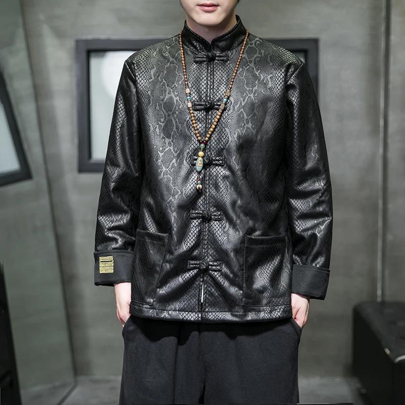 Nouveau Style Chinois Printemps Automne Veste pour Hommes Mode en peau de Serpent Jacquard Daim Velours Hanfu