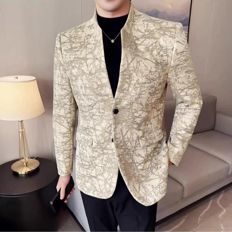 Veste de costume Jacquard à col montant pour hommes